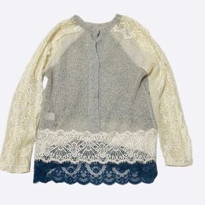 Michelle Kim Sweater Womens XS Gray Knit Navy Cream Lace Delicate Coquette Twee